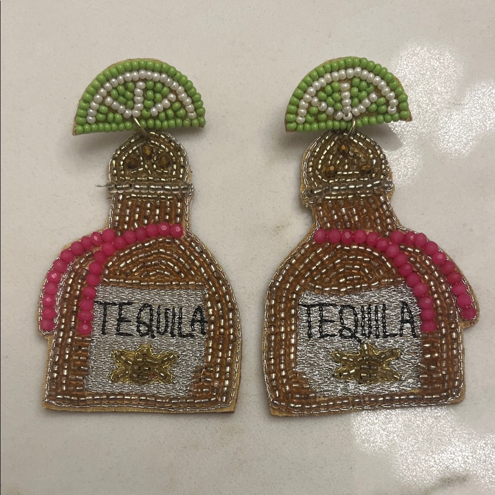 Beaded Tequila Bottle Earrings - Pink and Green